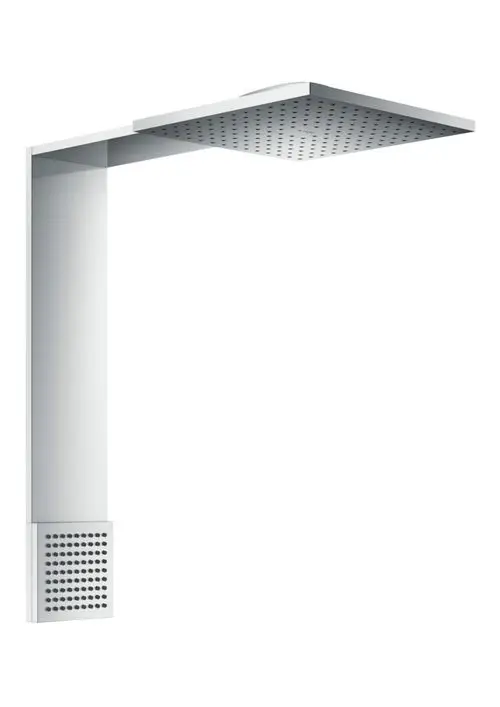 Chromfarbenes AXOR-Duschmodul mit quadratischem Oberteil und seitlichem Wasserzufluss. Das Design enthält eine große Duschfläche mit Düsen für unterschiedliche Strahlarten.